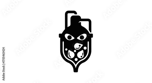 Stylized black icon of a monstrous creature in a vessel.