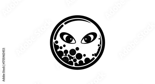 Minimalist black and white circular icon with mysterious alien eyes.