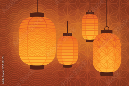 Vector illustration of glowing paper lanterns (chōchin) with seigaiha and asanoha background patterns, flat festive design, warm traditional colors.