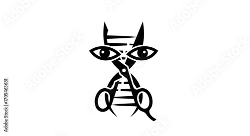 Symbolic black and white illustration of gene editing with scissors and eyes.