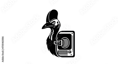 Stylized black and white logo of a cassowary and a hard disk.