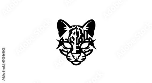 Stylized black and white wild cat head illustration.