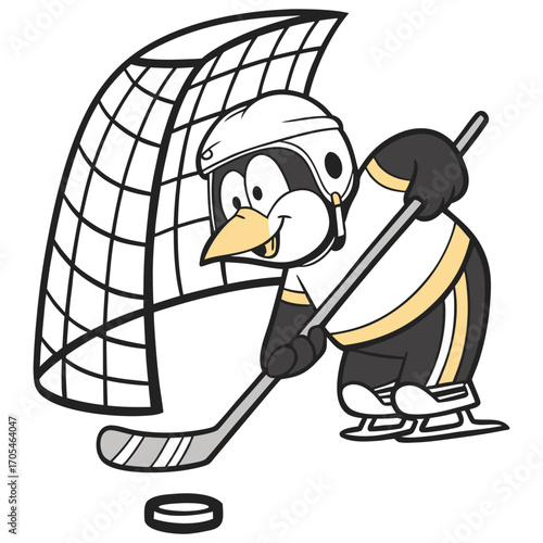 Cute Cartoon Penguin Ice Hockey Goalie Character 