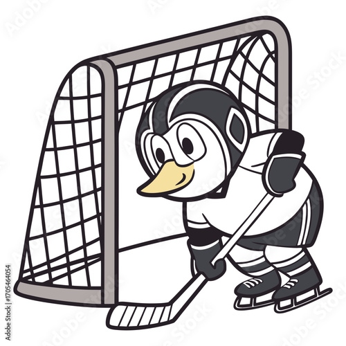 Cute Cartoon Penguin Ice Hockey Goalie Character 
