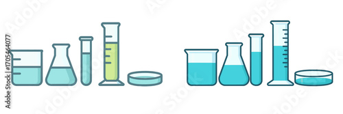 Collection of essential laboratory glassware filled with various colored liquids for scientific experiments and chemical research