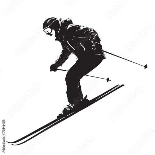 Black skiing Silhouette Vector, High Quality Illustration on White Background
