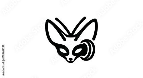 Stylized fennec fox head with headphones line art icon.