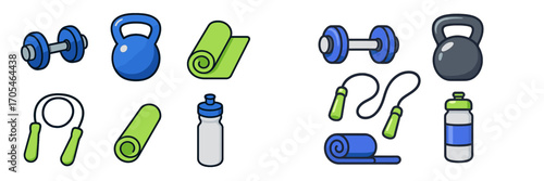 Collection of gym and fitness equipment: dumbbells, kettlebells, yoga mats, jump ropes, water bottles for exercise and healthy lifestyle