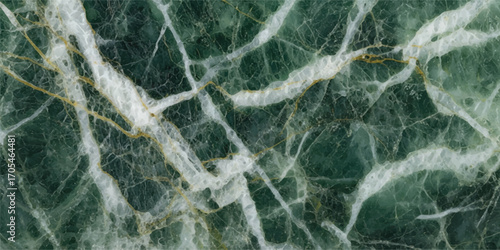 Close up of deep green marble with intricate white veining creating a natural abstract pattern