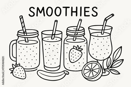 Fruit Smoothie Outline Vector Set – Mason Jars and Glasses with Strawberry, Banana, and Orange