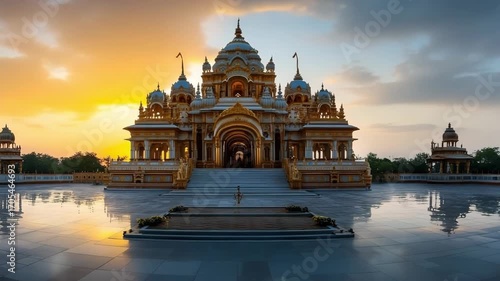 A majestic view of Swaminarayan Akshardham Temple at sunrise with golden light illuminating intricate carvings 