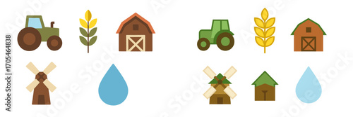 Collection of farm and agriculture icons including tractor, wheat, barn, windmill, and water drop