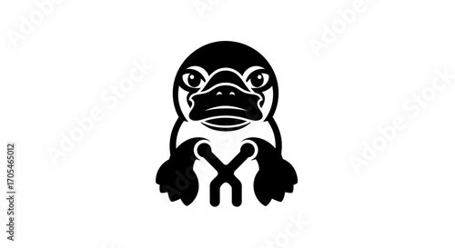 Stylized platypus mascot holding crossed repair tools icon.