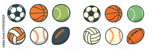 Set of diverse sports balls including soccer, basketball, tennis, volleyball, baseball, and football for athletic games and competition