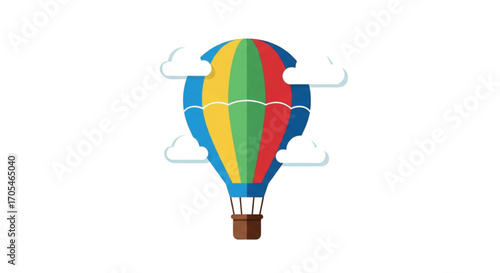 Colorful Hot Air Balloon Ascending Through Clouds.