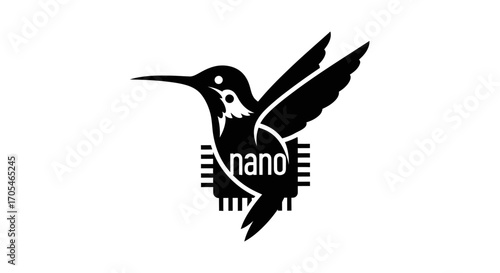 Hummingbird silhouette with an integrated nano technology microchip.