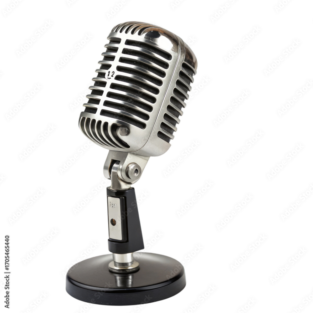 Fototapeta premium Vintage microphone studio recording podcast silver isolated on a transparent background retro