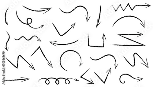 Black crayon arrow sketches with coal texture and hand drawn. Curved spirals, loops, and straight pointers with coal strokes. Navigation elements.