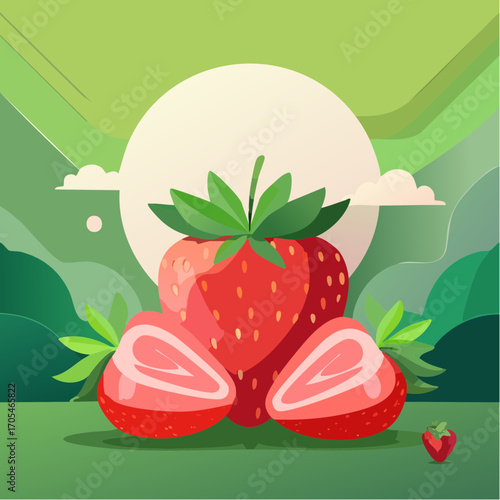 Vector geometric minimalistic abstract illustration of strawberry berries for green background, pattern, poster, banner or design