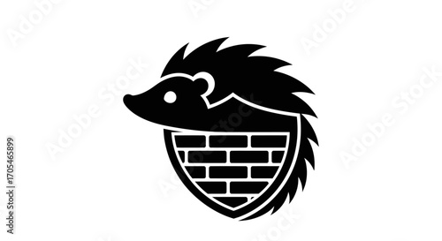 Hedgehog shield with brick wall pattern logo icon.