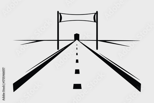 A black road receding into the distance ends at the finish line