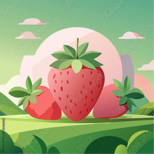 Vector geometric minimalistic abstract illustration of strawberry berries for green background, pattern, poster, banner or design