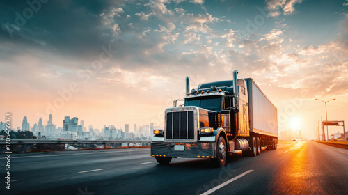 A large semi-truck driving at sunset