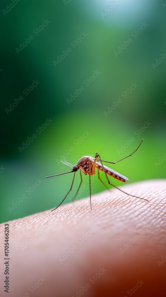 Fototapeta premium Mosquito standing on human skin with green blurred background, preparing to bite and suck blood, transmitting diseases like zika, dengue, chikungunya and malaria