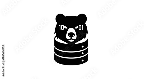 Creative logo design of a bear face with binary code and database symbol.