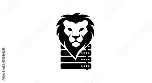 Powerful lion head combined with a technology server rack logo.