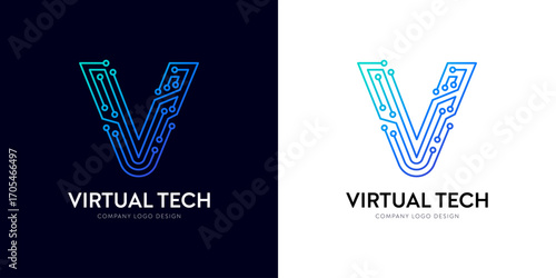 V letter logo design for Ai transformation, automated technology in circuit electric line typographic innovation tech. Futuristic cyber gradient blue text for brand company. Digital techno logo title.