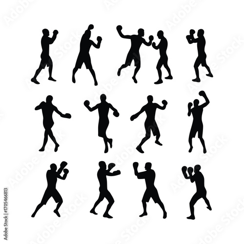 Silhouettes of Boxers in Various Fighting and Training Poses