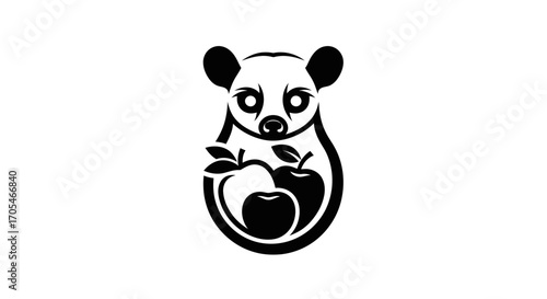 Cute kinkajou or bear cub logo holding fresh apples.