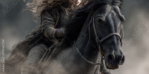 Woman riding black horse through desert dust. Warrior female in ancient clothes on horseback. Biblical times concept for historical adventure.