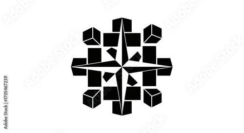 Geometric compass rose star surrounded by black cubes icon.