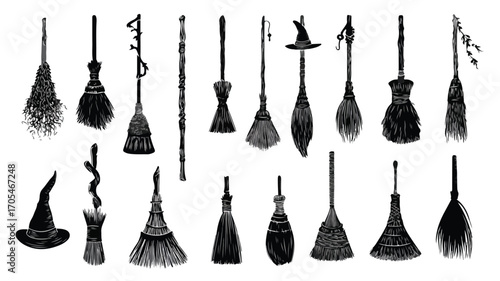 Witch Brooms Vector Silhouette Illustration Set
