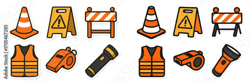 Safety and construction equipment icons set with traffic cones, barriers, vests, and warning signs for roadwork and industrial areas
