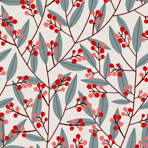 Christmas red berry branch seamless pattern. Xmas hand drawn floral Scandinavian print for textile, wrapping paper, Christmas decorations. Nordic naive florals in simple winter ornament.