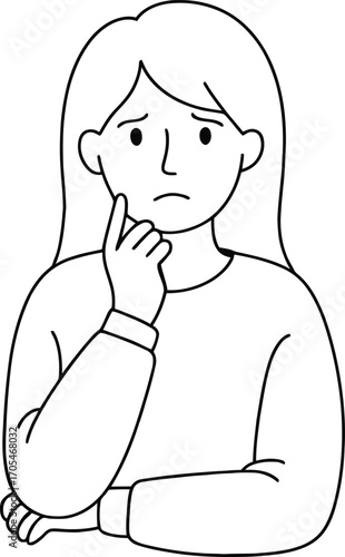 A woman with a pensive expression and hand on her chin