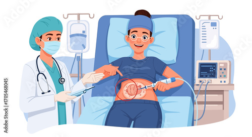 Smiling patient undergoing ultrasound, medical professional explains procedure in clinic