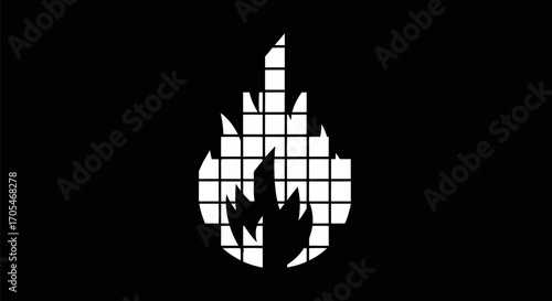 Abstract digital flame icon with a pixel grid pattern.