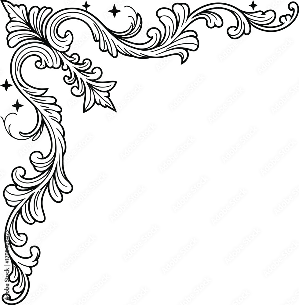 Fototapeta premium Corner flourish design with stars on a white background