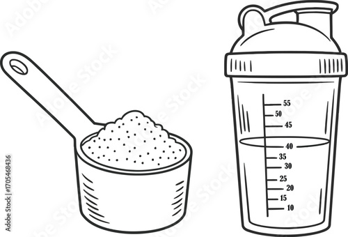 Outline drawing of protein powder scoop and shaker bottle