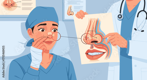 Patient discussing nose surgery with doctor, medical illustration of sinus cavity shown