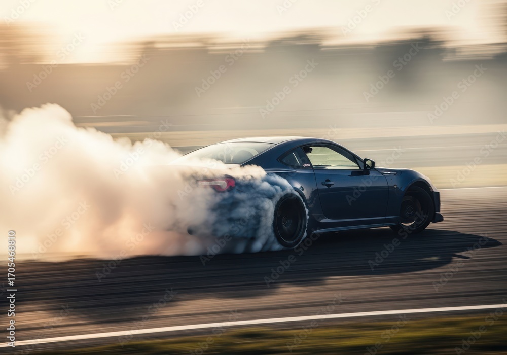 Naklejka premium Photo of a powerful sports car drifts intensely, creating a large cloud of smoke from its tires on a race track during golden hour