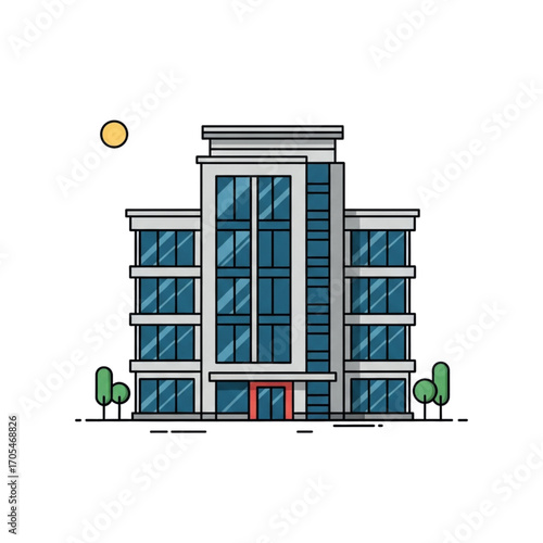 Modern Office Building With Glass Facade And Trees.