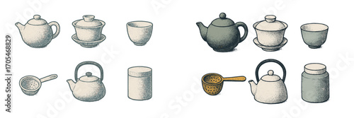 Vintage style collection of traditional Asian tea ceremony teapots, cups, gaiwan, and various brewing accessories