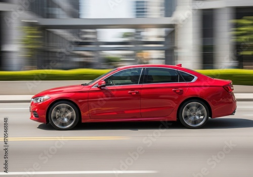 Photo of a sleek red sedan drives down a city street, captured in motion with a blurred background emphasizing speed and urban dynamism