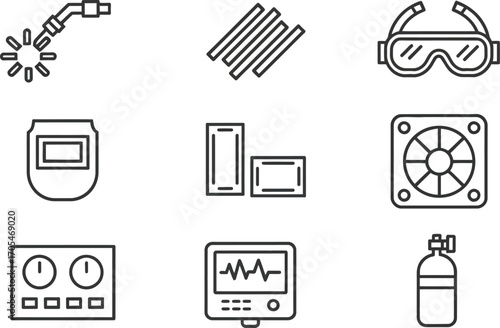 Icons of welding equipment and related tools in outline