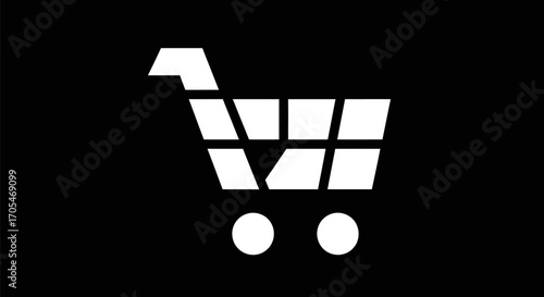 White shopping cart icon on a black background.